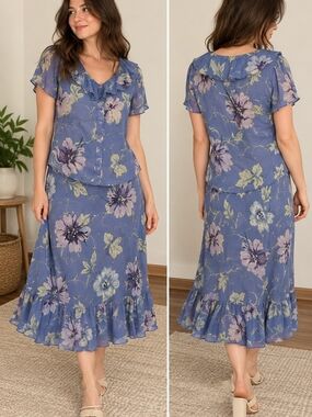 Vintage Phool Blue Floral 2 Piece Blouse Skirt Set Ruffle Cottagecore M